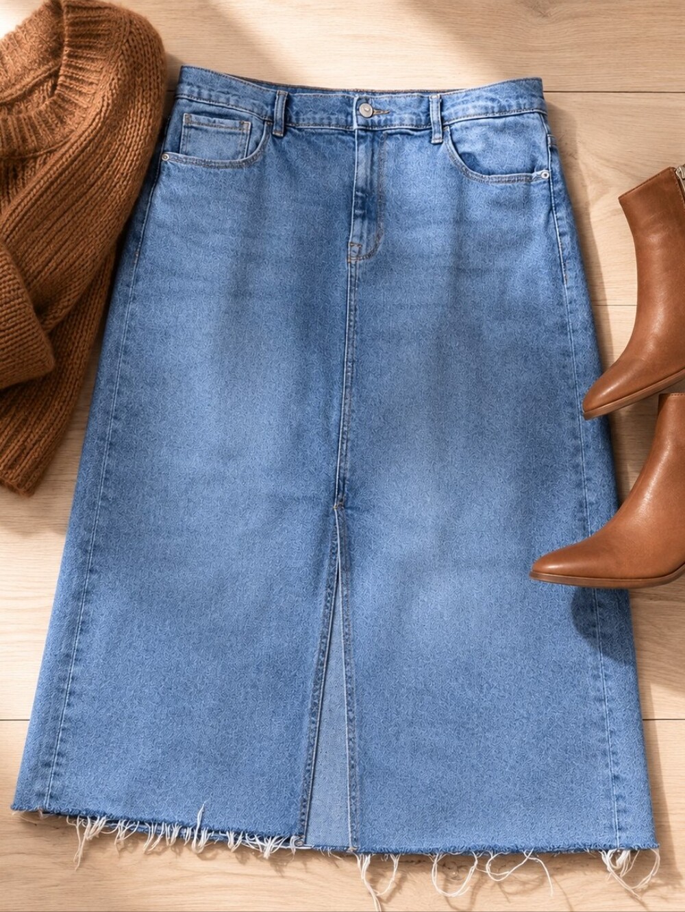 Kensie High Rise Midi Jean Skirt Size 12 Blue Denim Front Slit Fray Hem Womens